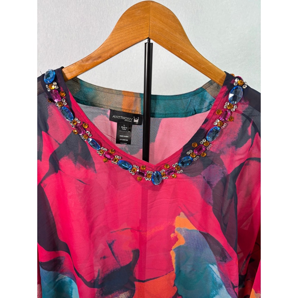 Antthony Original Pink Abstract Watercolor Jewel Neck Caftan Top Large 21349 - Picture 3 of 5